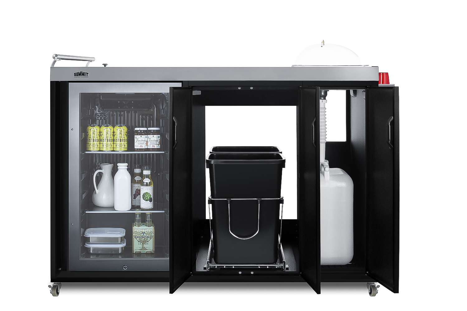 Mobile outdoor serving station with refrigerator, sink, storage cabinet, and slide-out waste bins
